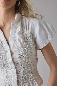 UO Maude Smocked Short Sleeve Button-Down Shirt