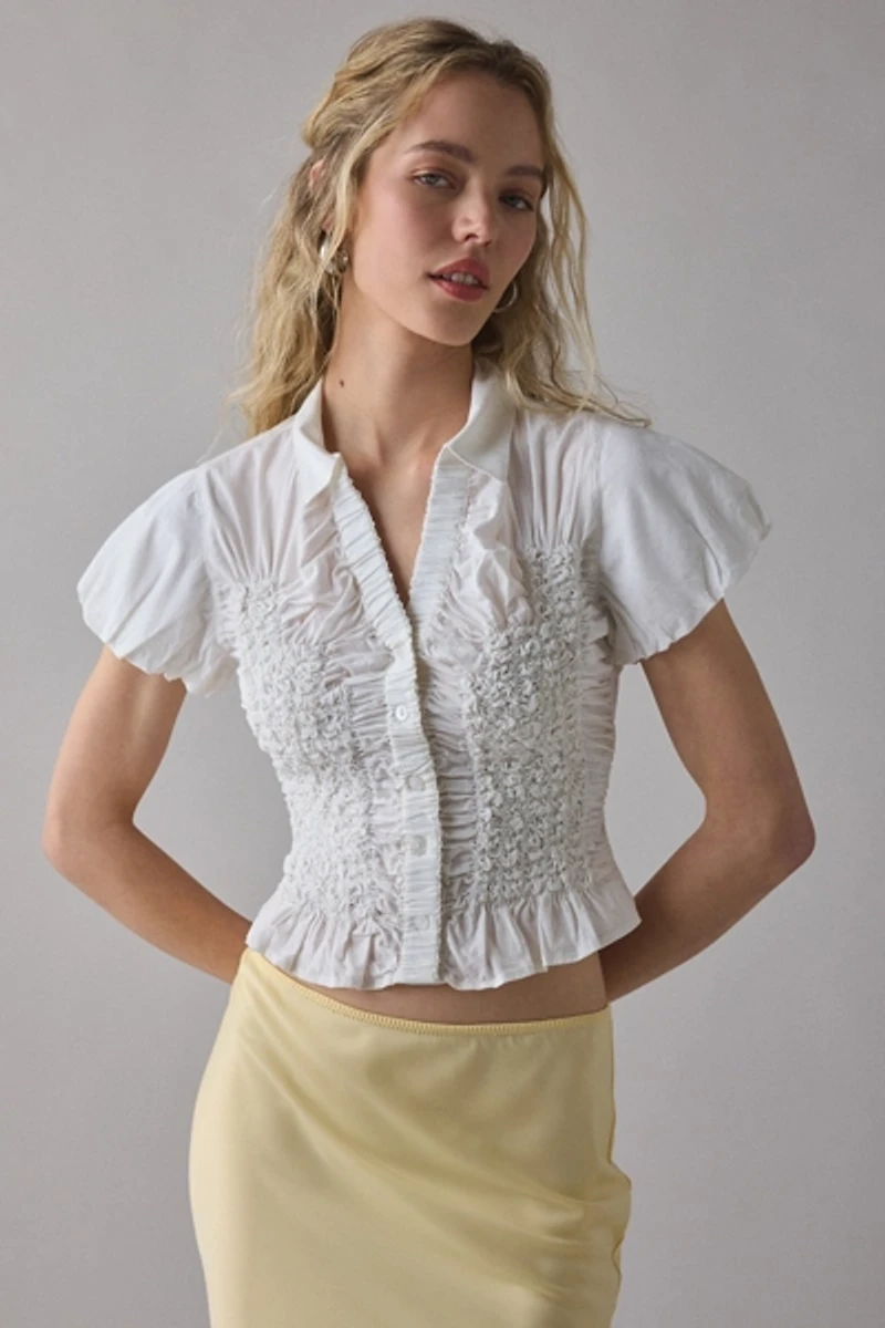 UO Maude Smocked Short Sleeve Button-Down Shirt