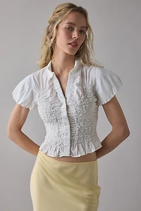 UO Maude Smocked Short Sleeve Button-Down Shirt