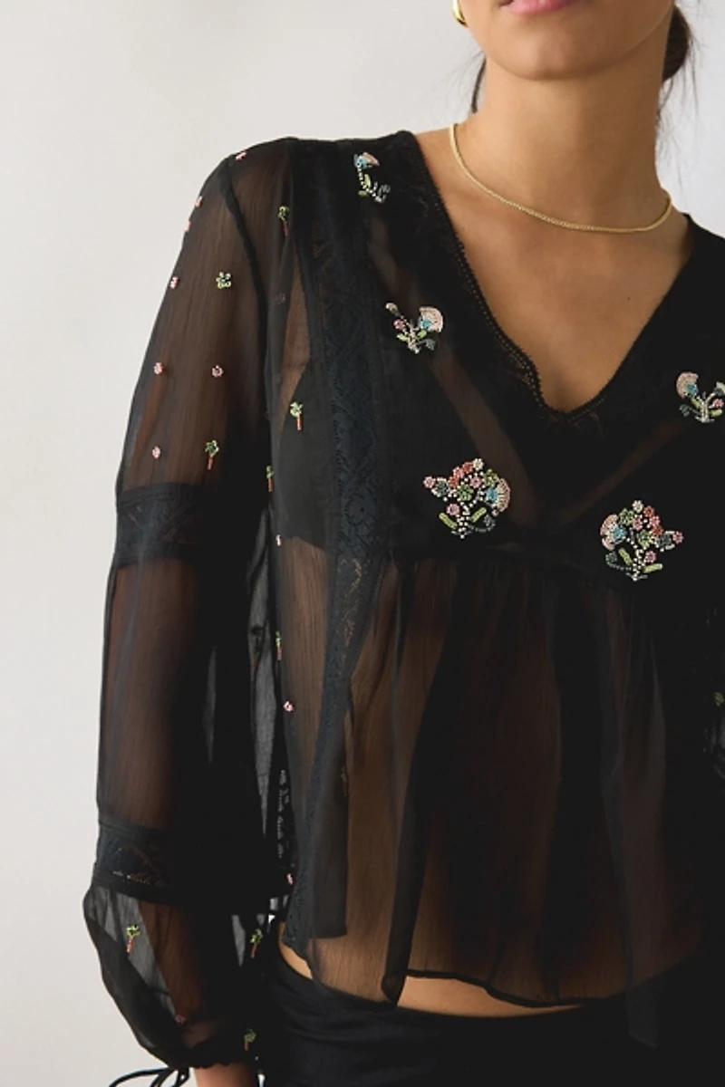 Kimchi Blue Lara Floral Embroidered Sheer Long Sleeve Blouse