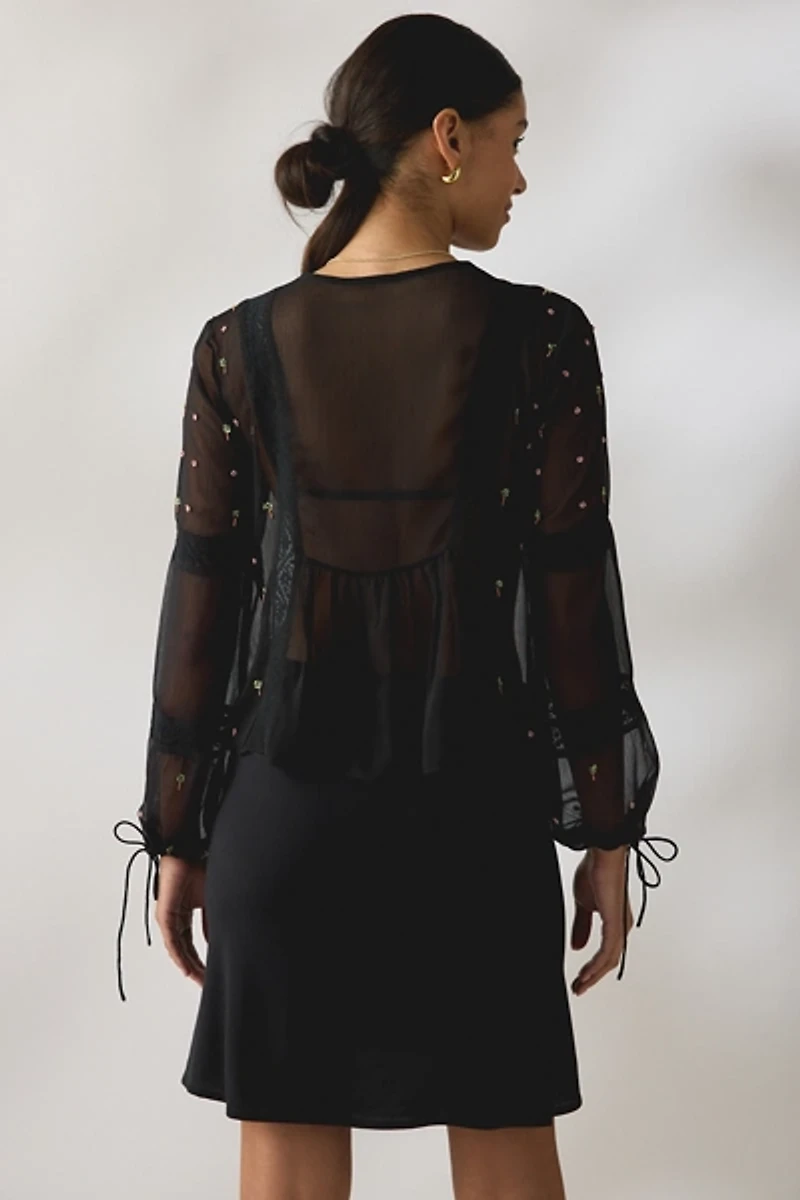 Kimchi Blue Lara Floral Embroidered Sheer Long Sleeve Blouse