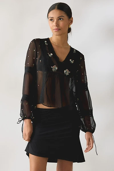 Kimchi Blue Lara Floral Embroidered Sheer Long Sleeve Blouse