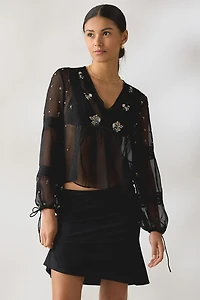 Kimchi Blue Lara Floral Embroidered Sheer Long Sleeve Blouse
