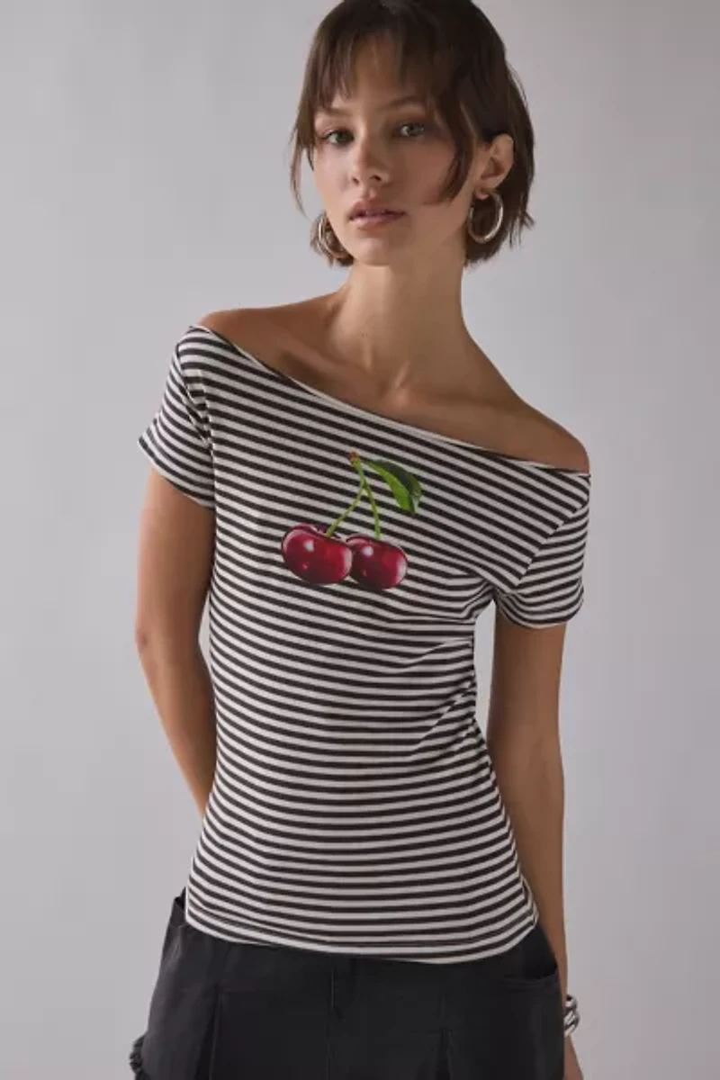 Cherry Graphic Striped Baoatneck Off-The-Shoulder Slim Tee