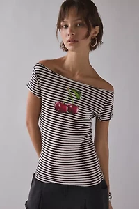 Cherry Graphic Striped Baoatneck Off-The-Shoulder Slim Tee