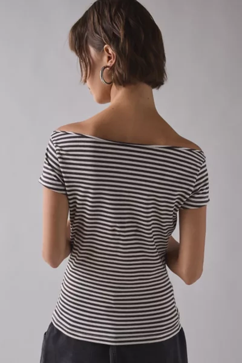 Cherry Graphic Striped Baoatneck Off-The-Shoulder Slim Tee