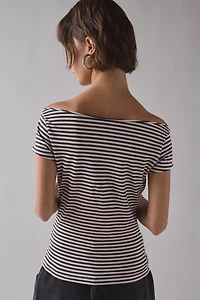 Cherry Graphic Striped Baoatneck Off-The-Shoulder Slim Tee