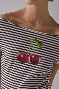 Cherry Graphic Striped Baoatneck Off-The-Shoulder Slim Tee