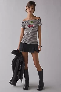 Cherry Graphic Striped Baoatneck Off-The-Shoulder Slim Tee