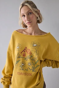 Maison Cross Stitch Graphic Off-The-Shoulder Oversized Pullover