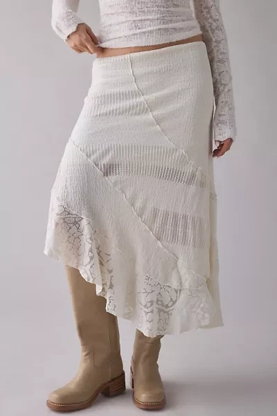 UO Birdie Textured Lace Patchwork Asymmetric Midi Skirt