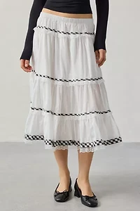 Kimchi Blue Esther Lace Trim Tiered Midi Skirt