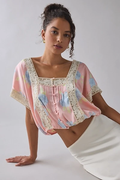 Kimchi Blue Ada Short Sleeve Lace Trim Satin Blouse