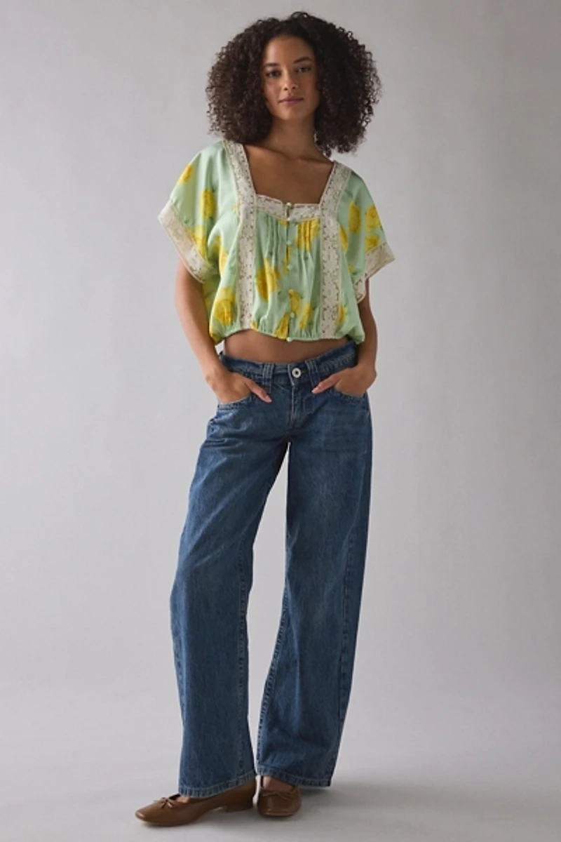 Kimchi Blue Ada Short Sleeve Lace Trim Satin Blouse