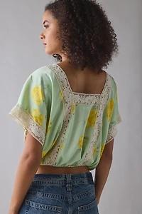 Kimchi Blue Ada Short Sleeve Lace Trim Satin Blouse