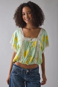 Kimchi Blue Ada Short Sleeve Lace Trim Satin Blouse