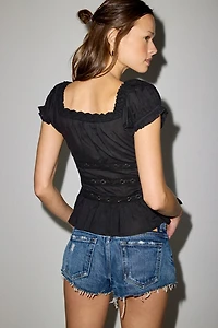 Kimchi Blue Nora Lace Trim Puff Sleeve Button-Up Blouse