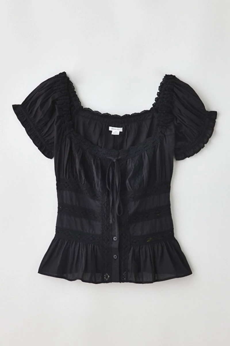 Kimchi Blue Nora Lace Trim Puff Sleeve Button-Up Blouse