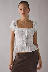 Kimchi Blue Nora Lace Trim Puff Sleeve Button-Up Blouse