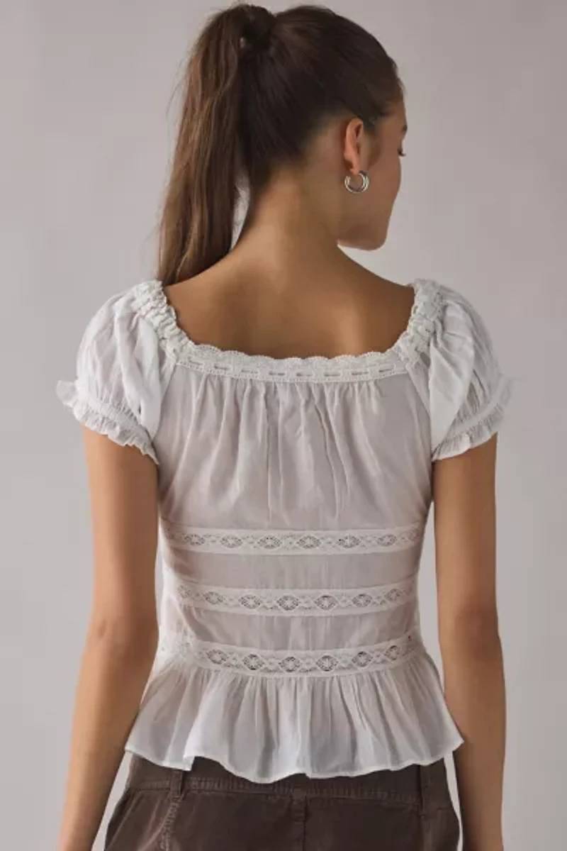 Kimchi Blue Nora Lace Trim Puff Sleeve Button-Up Blouse