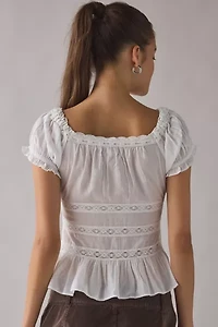 Kimchi Blue Nora Lace Trim Puff Sleeve Button-Up Blouse