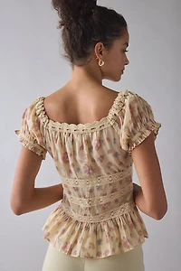 Kimchi Blue Nora Lace Trim Puff Sleeve Button-Up Blouse