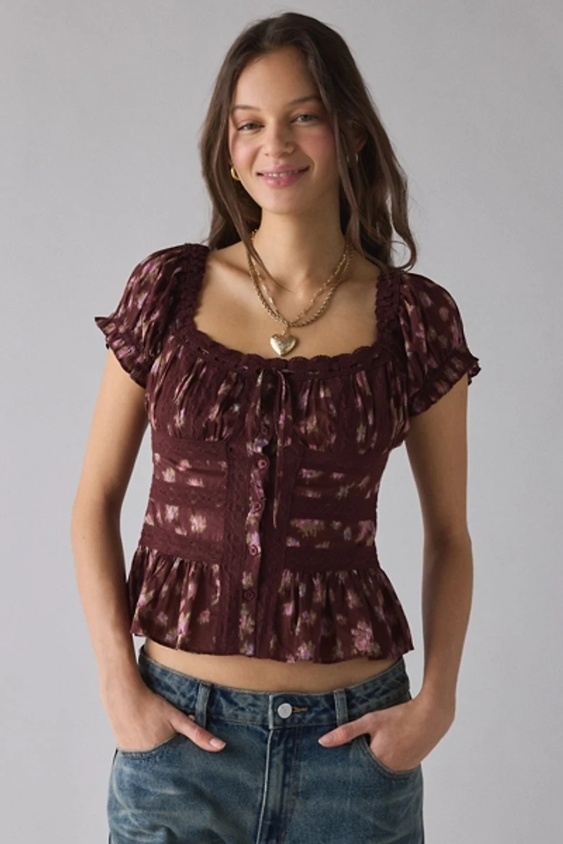 Kimchi Blue Nora Lace Trim Puff Sleeve Button-Up Blouse