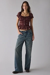 Kimchi Blue Nora Lace Trim Puff Sleeve Button-Up Blouse