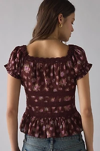 Kimchi Blue Nora Lace Trim Puff Sleeve Button-Up Blouse