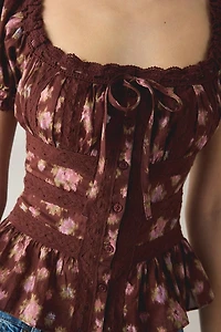 Kimchi Blue Nora Lace Trim Puff Sleeve Button-Up Blouse