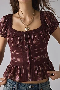 Kimchi Blue Nora Lace Trim Puff Sleeve Button-Up Blouse