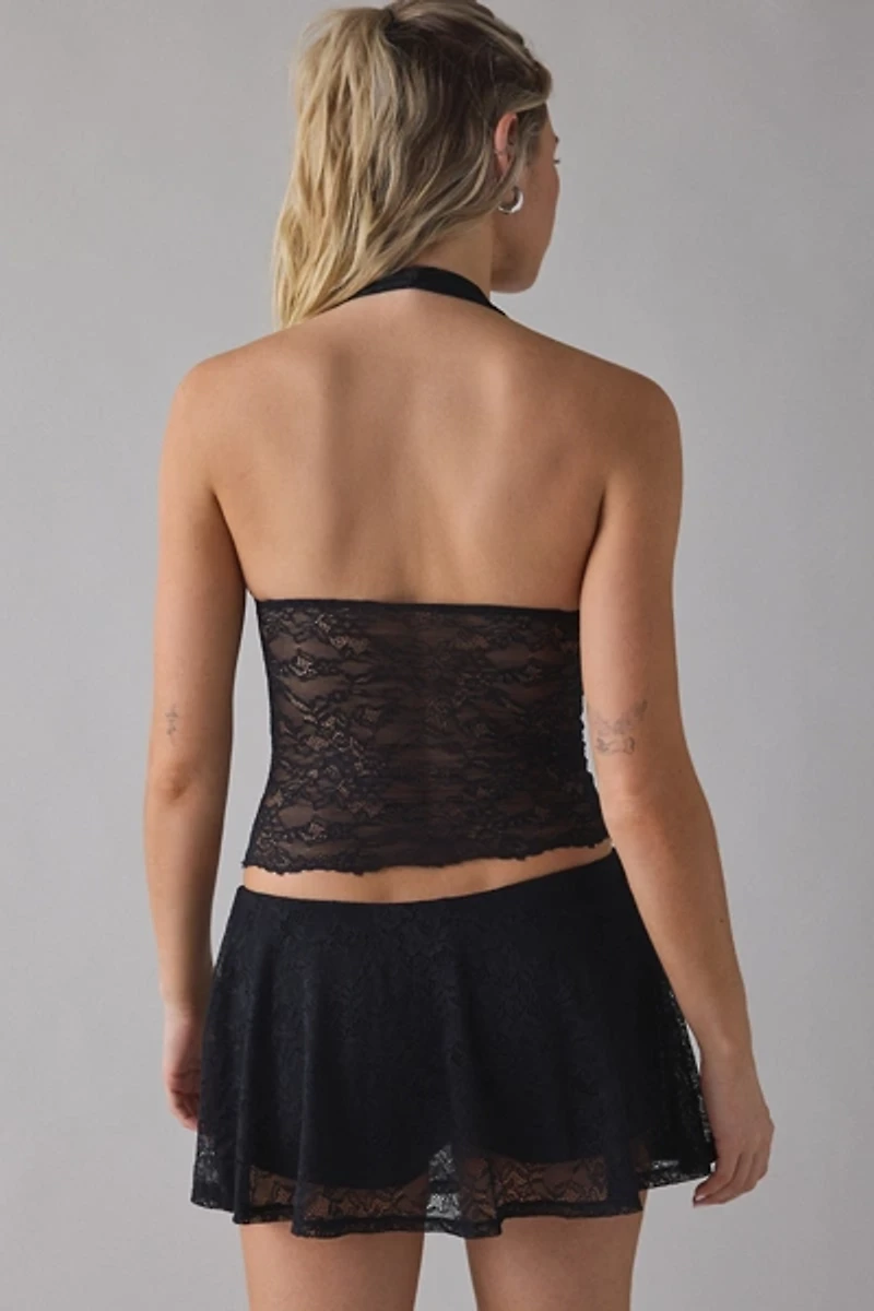 Out From Under Havana Semi-Sheer Lace Halter Top + Mini Skort 2-Piece Set