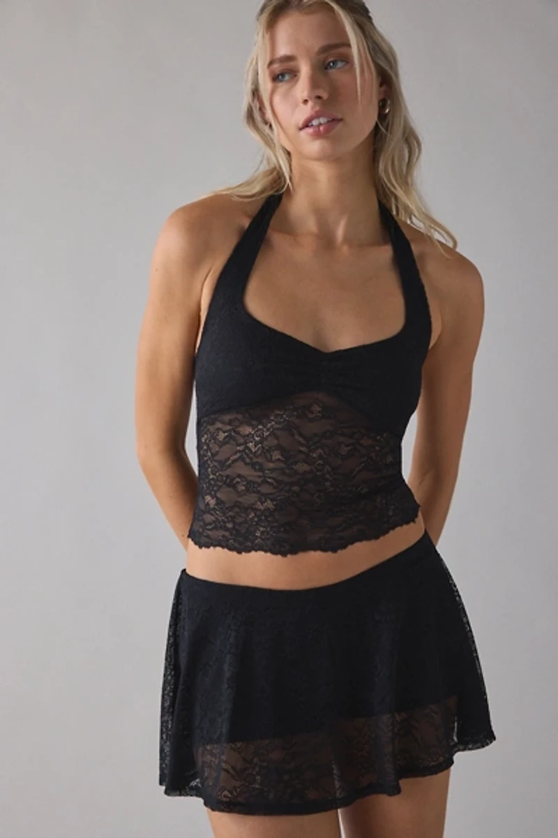 Out From Under Havana Semi-Sheer Lace Halter Top + Mini Skort 2-Piece Set