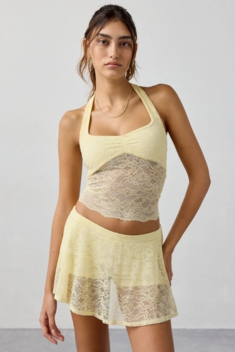 Out From Under Havana Semi-Sheer Lace Halter Top + Mini Skort 2-Piece Set