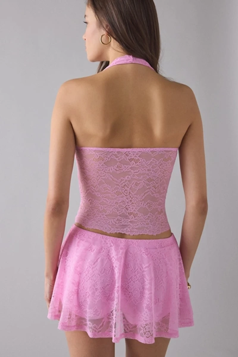 Out From Under Havana Semi-Sheer Lace Halter Top + Mini Skort 2-Piece Set