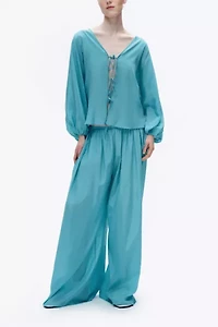 Nocturne Tie-Front Puff Blouse