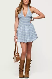 Edikted Plaid Smocked Halter Mini Dress