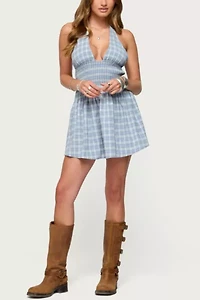 Edikted Plaid Smocked Halter Mini Dress
