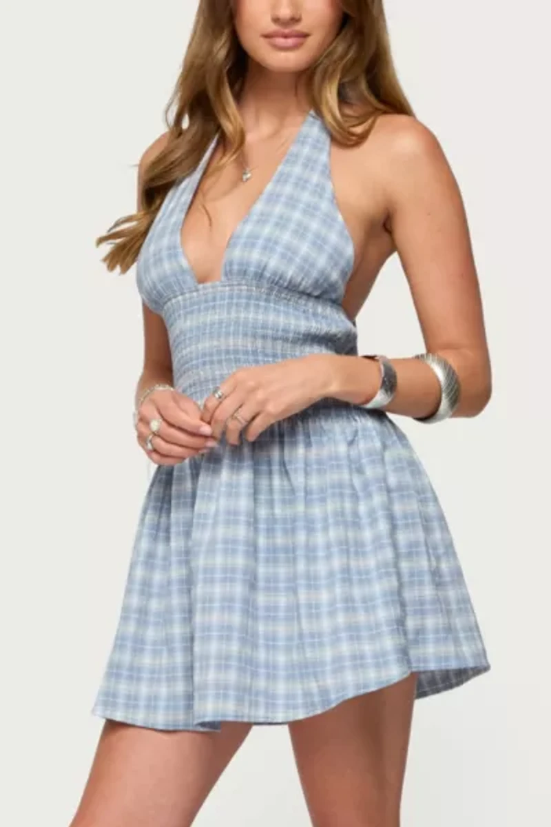 Edikted Plaid Smocked Halter Mini Dress