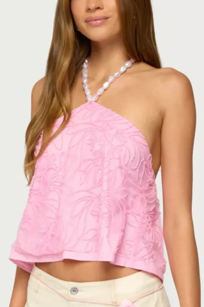 Edikted Ayva Embroidered Floral Bead Halter Top