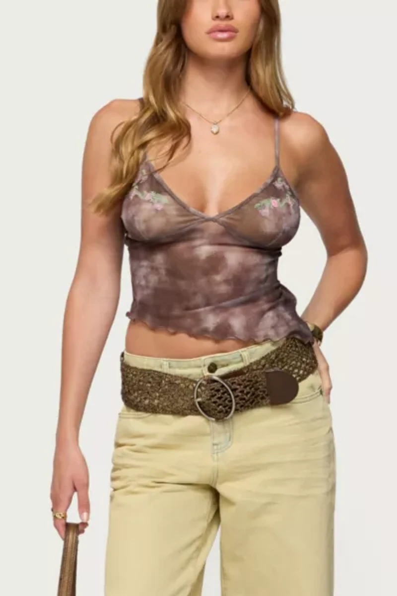 Edikted Embroidered Asymmetric Printed Mesh Top