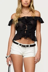 Edikted Sheer Chiffon Ruffled Off Shoulder Top