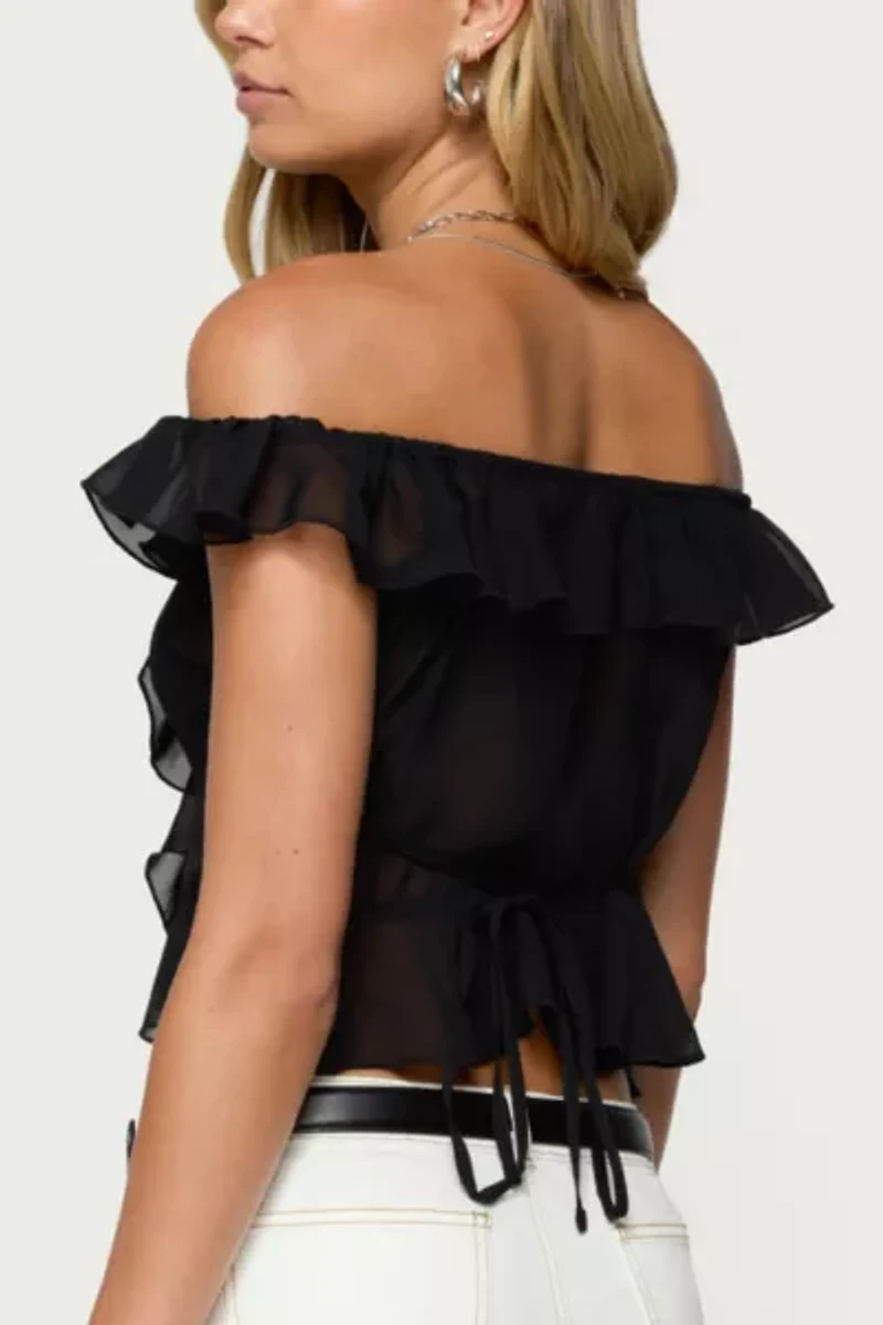 Edikted Sheer Chiffon Ruffled Off Shoulder Top