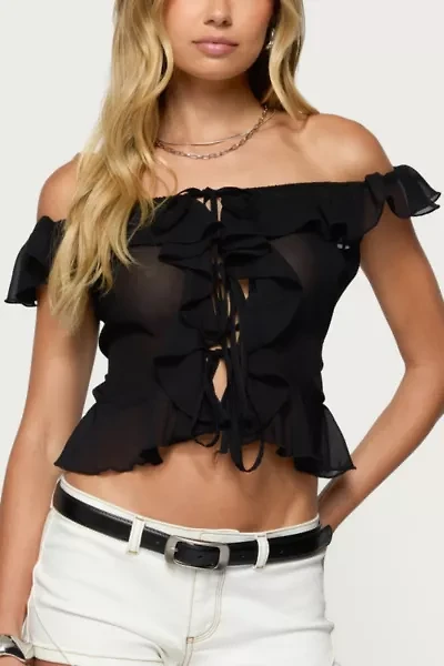 Edikted Sheer Chiffon Ruffled Off Shoulder Top