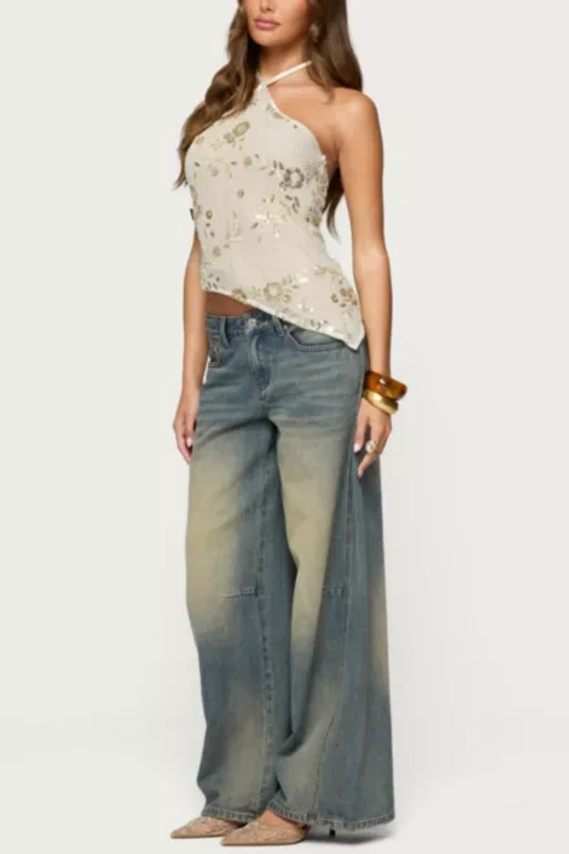 Edikted Beaded Sequin Asymmetric Halter Top