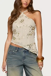 Edikted Beaded Sequin Asymmetric Halter Top