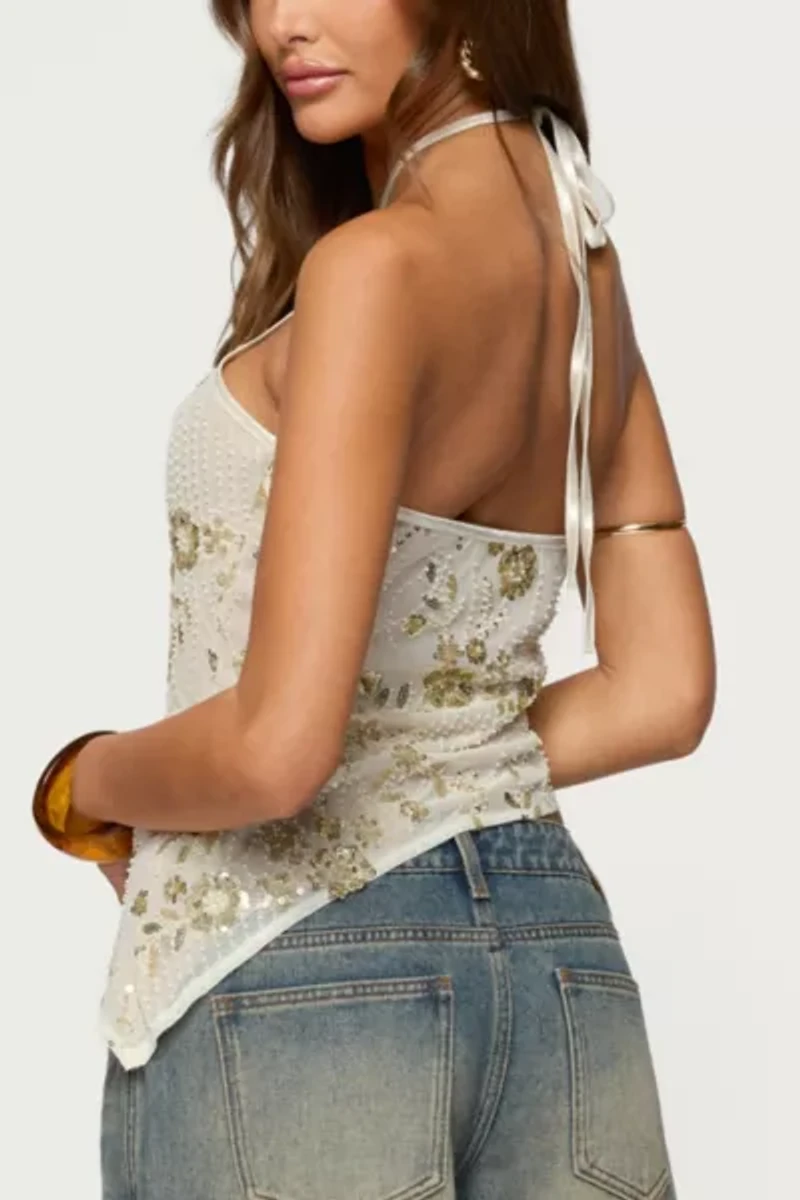 Edikted Beaded Sequin Asymmetric Halter Top