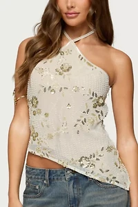 Edikted Beaded Sequin Asymmetric Halter Top