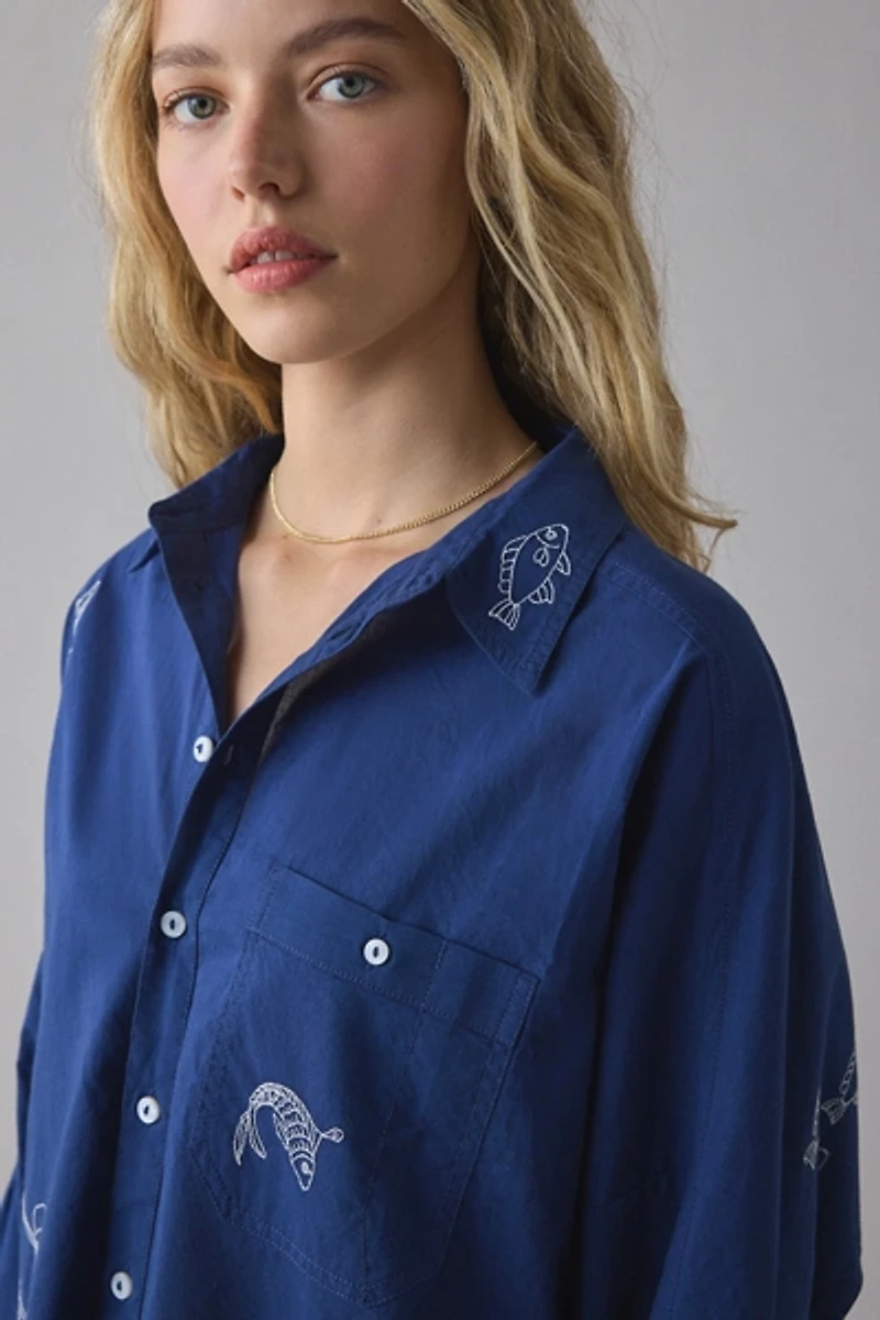 BDG Alex Embroidered Graphic Oversized Cotton Button-Down Shirt