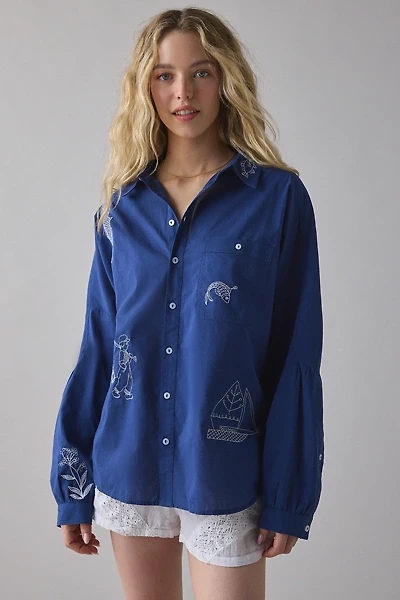 BDG Alex Embroidered Graphic Oversized Cotton Button-Down Shirt